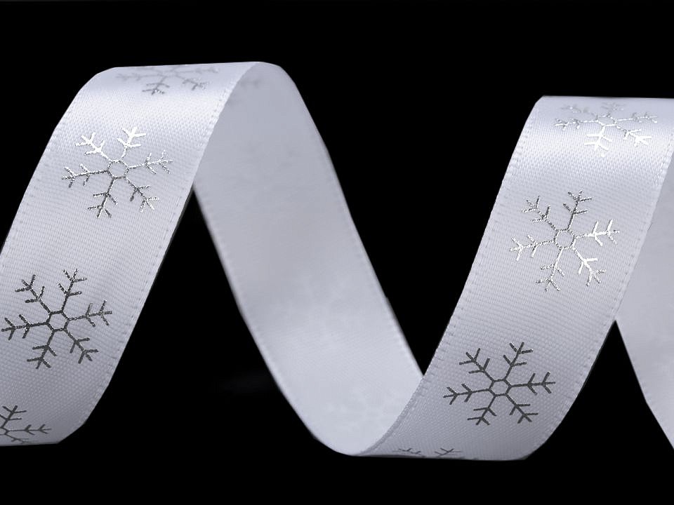 Satiniertes Band mit Schneeflocken, Breite 20 mm (Rolle 13,5 m) - Weiß - Silber Satiniertes Band mit Schneeflocken, Breite 20 mm (Rolle 13,5 m) - Weiß - Silber