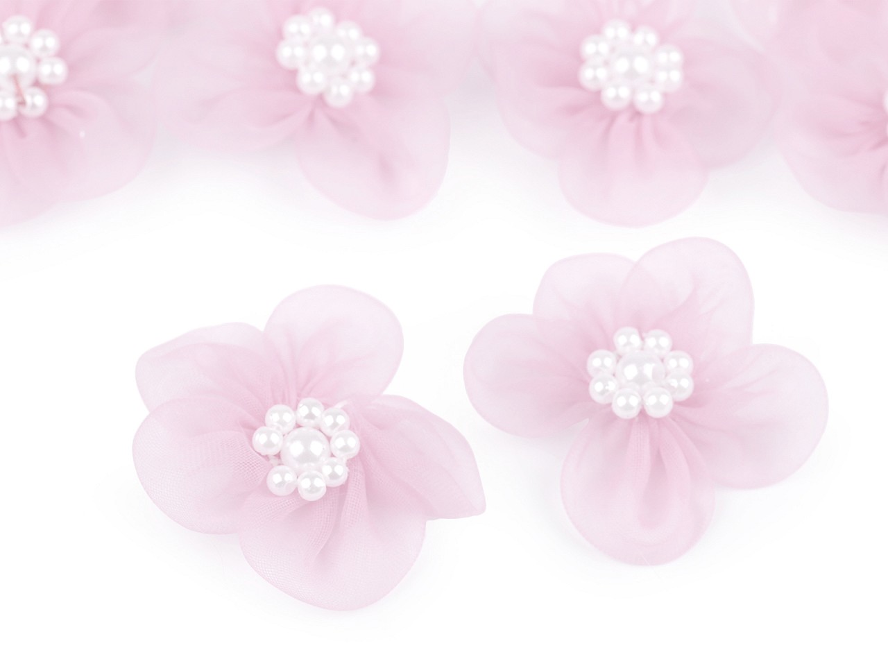 Organza Blume Ø 30 – 35 mm mit Perlen, Hellrosa, 10 Stück Organza Blume Ø 30 – 35 mm mit Perlen, Hellrosa, 10 Stück
