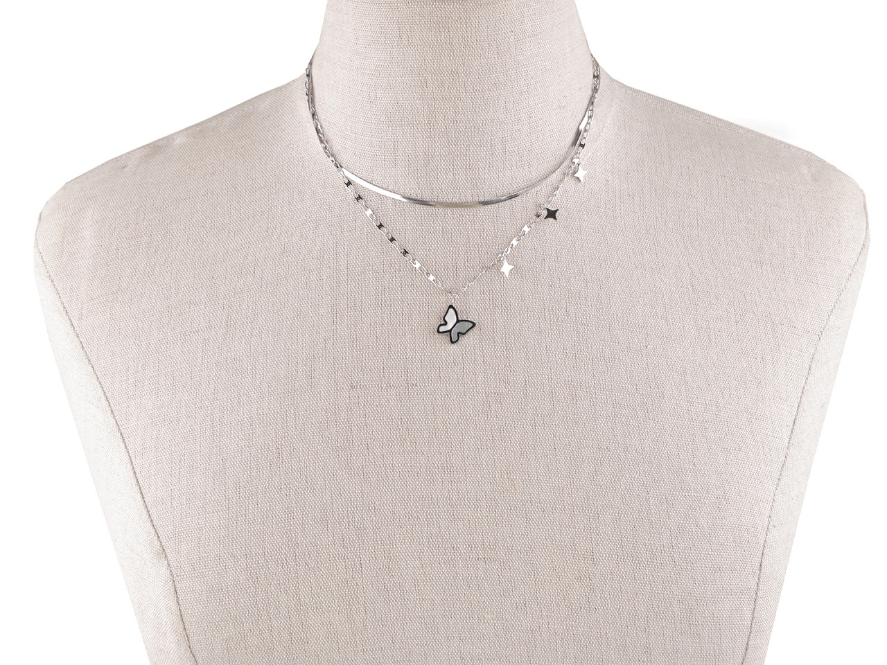 Halskette aus edelstahl, doppel-schmetterling mit perlmutt - Silber (1 Stück)