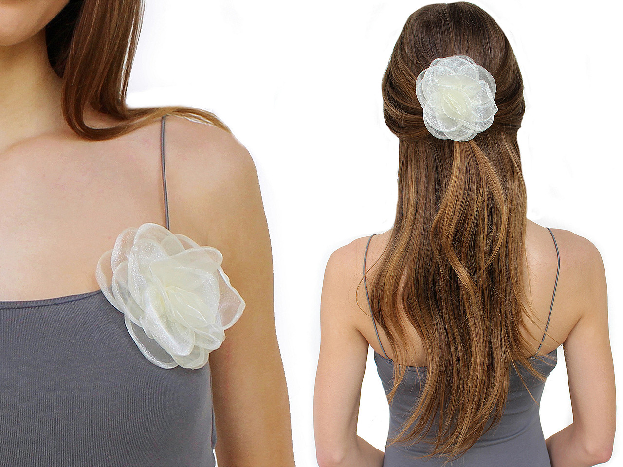 Brosche/haarschmuck organzablume, ø 10,5 cm - Hell-créme (1 Stück)