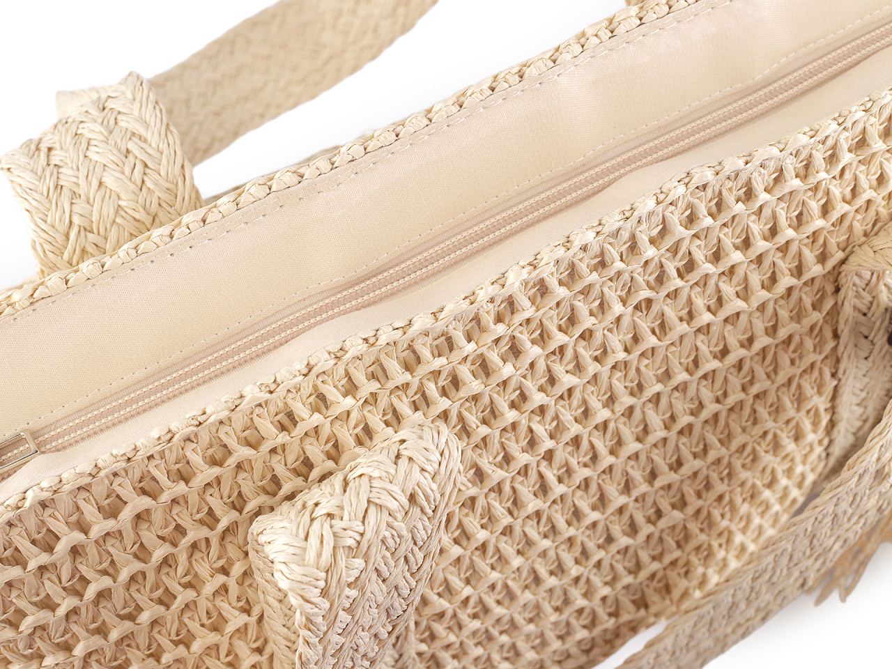 Gehäkelte handtasche aus raffia-bast mit reißverschluss, 42 x 39 cm - Grün (1 Stück)