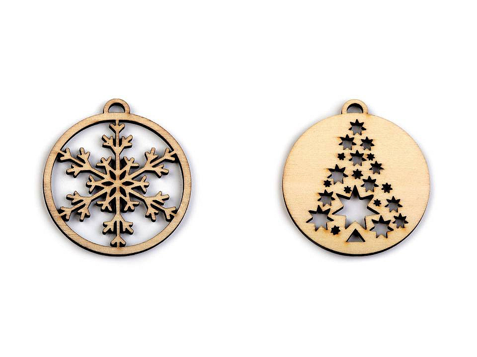 Weihnachtskugel aus holz– schneeflocke, bäumchen, ø 45 mm - Natürlich (3 Stücke)