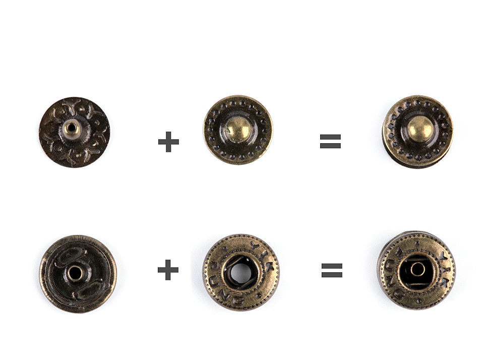 Metalldruckknöpfe für mitteldicke stoffe, ø 10 mm - Altmessing (50 Sets)