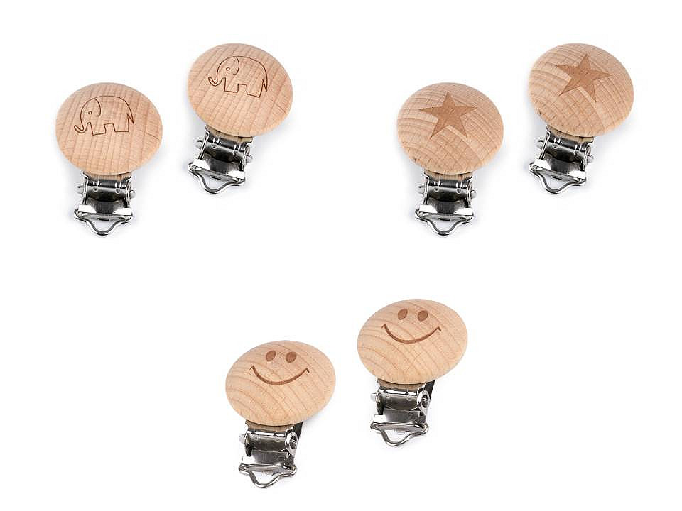 Holzclip für kinder – elefant, stern, smiley - Natürlich (1 Stück)