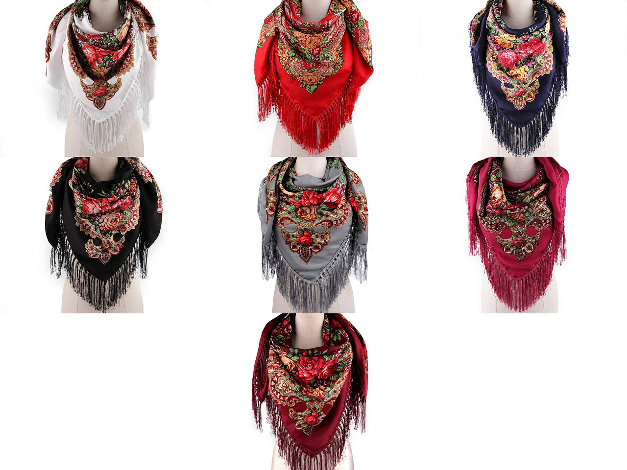 Halstuch folklore blumen mit fransen 105x105 cm - Weiß (1 Stück)