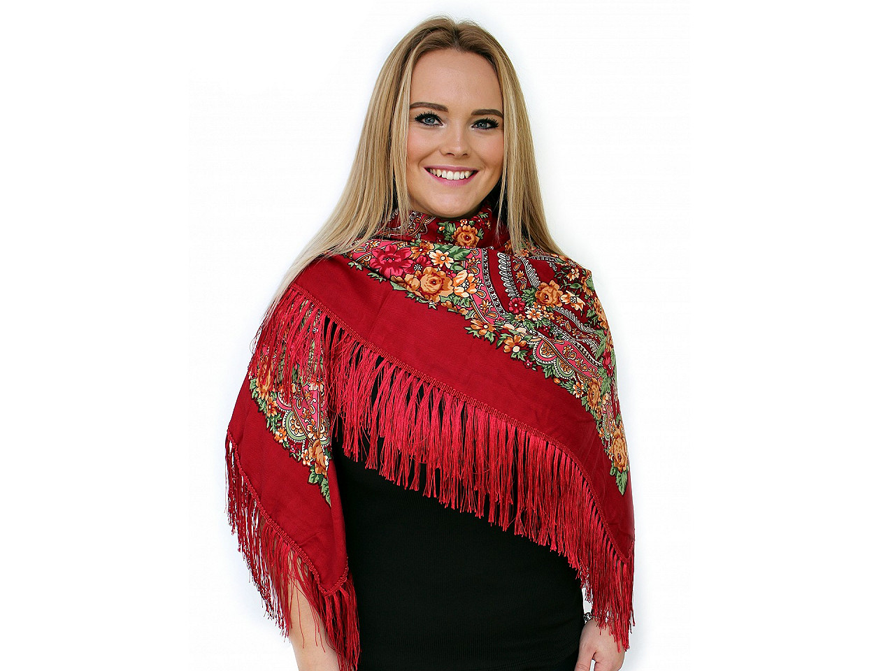 Halstuch folklore blumen mit fransen 105x105 cm - Weiß (1 Stück)