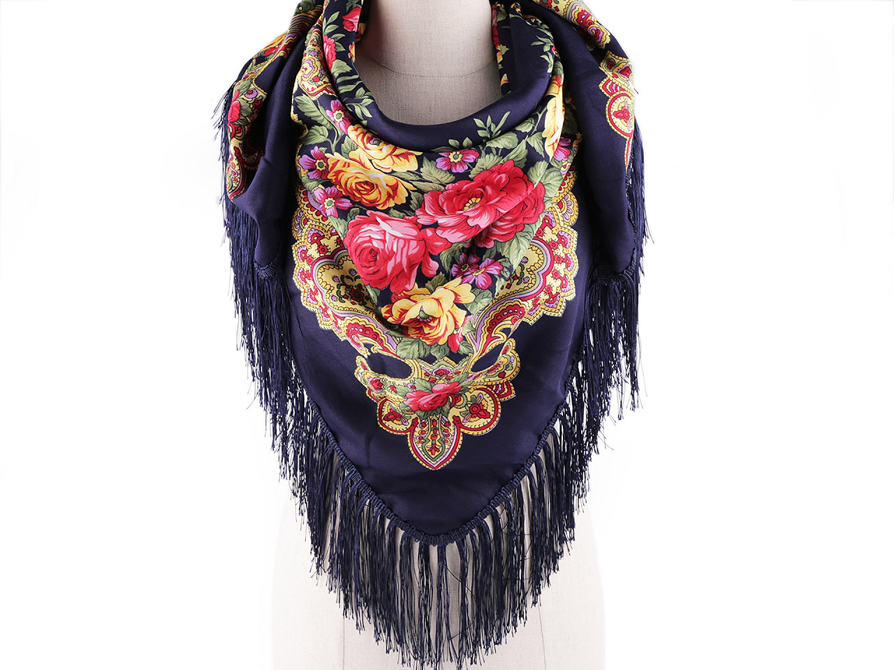 Halstuch folklore blumen mit fransen 105x105 cm - Weiß (1 Stück)