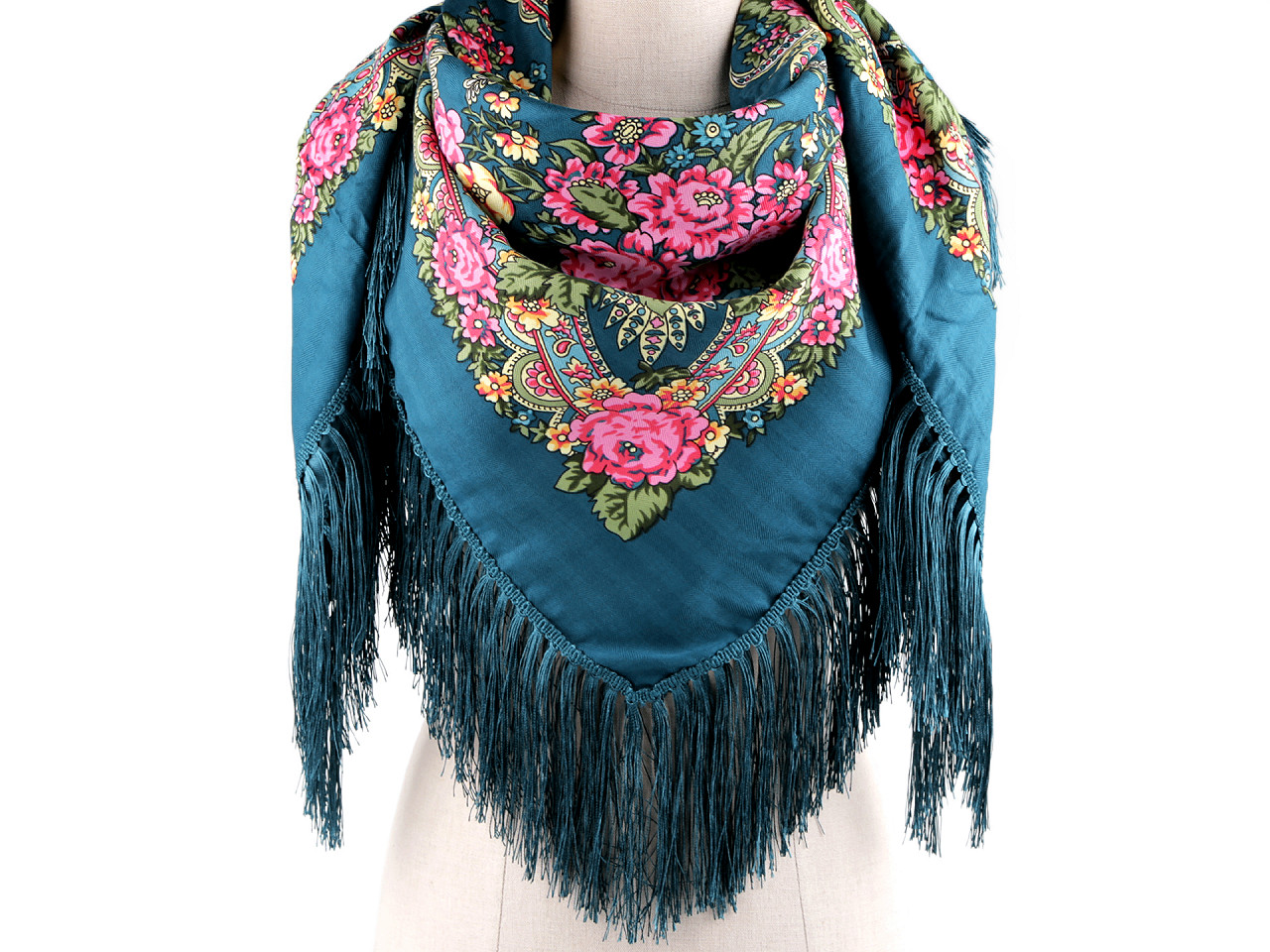 Halstuch folklore blumen mit fransen 105x105 cm - Weiß (1 Stück)