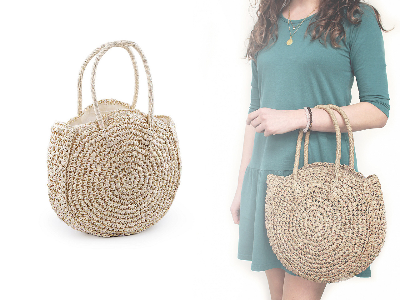 Handtasche aus gehäkeltem raffiabast mit reißverschluss 33 x 37 cm - Leinenfarbe natürlich (1 Stück)