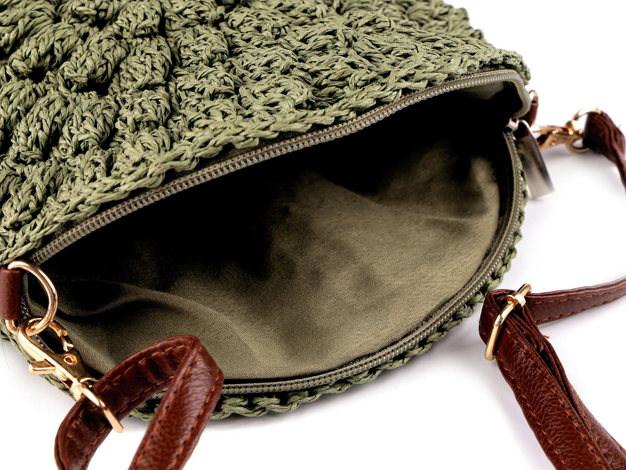 Gehäkelte tasche/umhängetasche mit reißverschluss aus raffia-bast, ø 25 cm - Eis-grün (1 Stück)