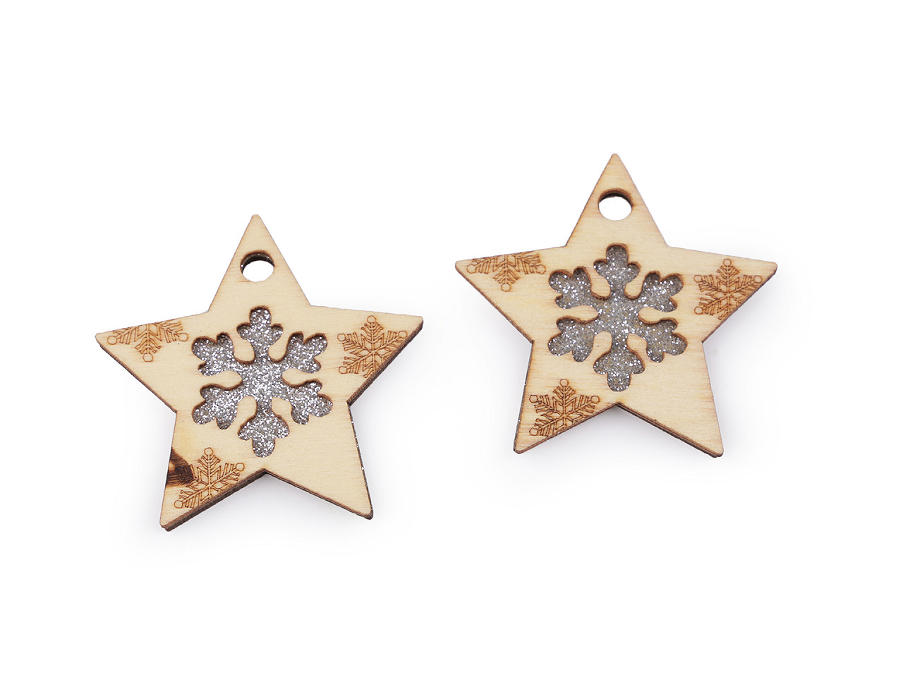 Weihnachtsbaumschmuck aus holz, schneeflocke mit glitzer zum aufhängen - Natürlich hell (2 Stücke)
